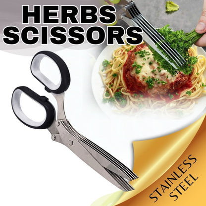 Herb Scissors with 5 Stainless Steel Blades - Multi-Purpose Kitchen Tool for Fast Cutting - Includes Safety Cover & Cleaning Comb