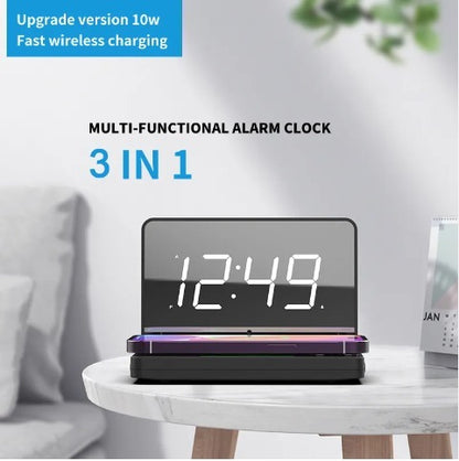 Hot Digital Alarm Clock - 1.4 Inch LED Mirror Display with Wireless Charging - Black - Electronic Clock with Dimming Control