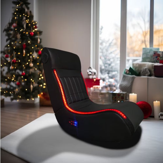 Foldable Gaming Chair with Onboard Speakers, LED Strips, Bluetooth, Vibration Massage - Black