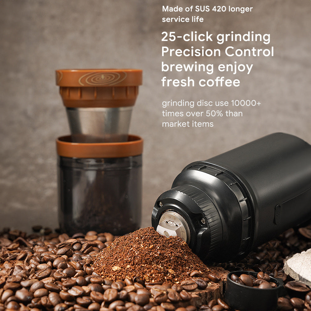 Electric Burr Coffee Grinder - 25 Grind Settings, USB Rechargeable, Stainless Steel Core - Includes Filter Holder & Accessories