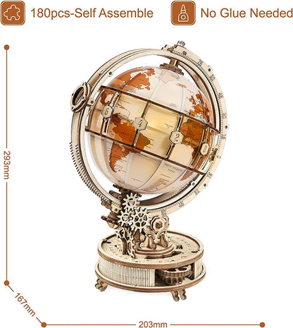 Rokr Luminous Globe 3D Wooden Model Building Block Kit - 180PCS - Electronic Toy - USB Powered - Unique Home Decoration - Assembly Size 167x203x293mm