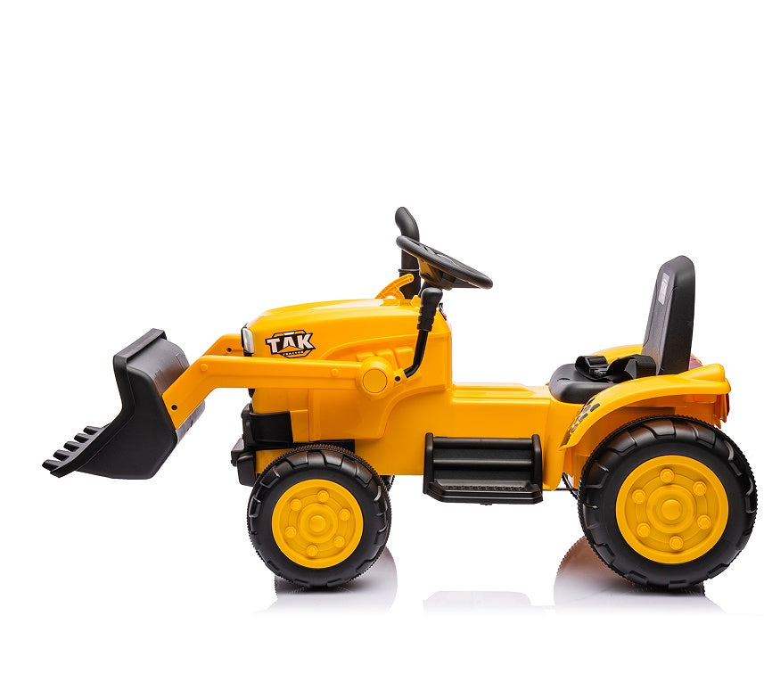 12V Kids Ride-On Tractor Electric Excavator - Yellow - Battery Powered Motorized Car with Remote Control, Front Loader & Headlight - Ages 3-6