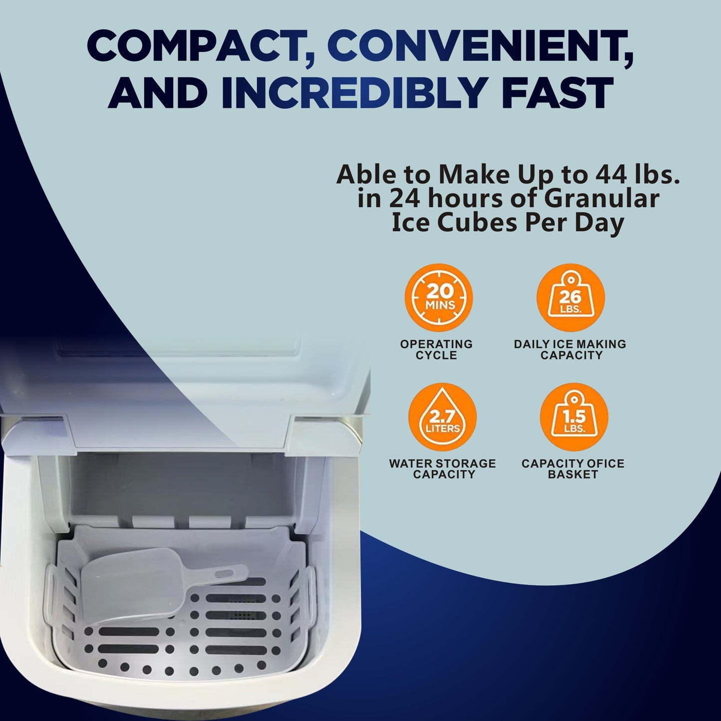 Countertop Ice Maker - 44LBS Daily Capacity - Compact 20KG Ice Maker with Scoop & Basket - Ideal for Home, Party, Camping