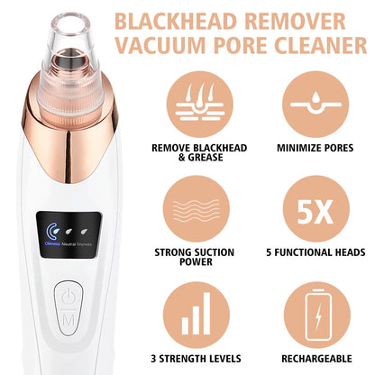 Electric Vacuum Blackhead Remover - White - 3 Suction Levels, 5 Heads, USB Rechargeable, Portable Skin Cleaner