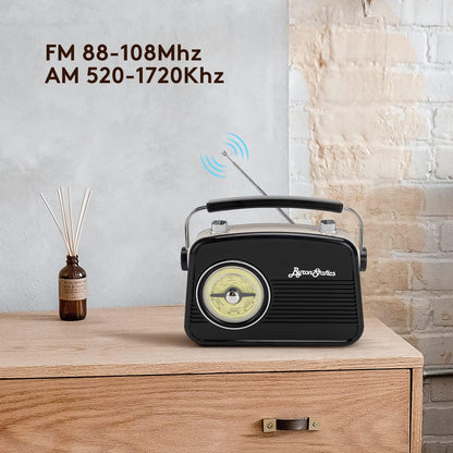 Black AM FM Portable Radio - Vintage Retro Design with Headphone Jack, Large Tuning Dial, Bluetooth Speaker & MP3 Player