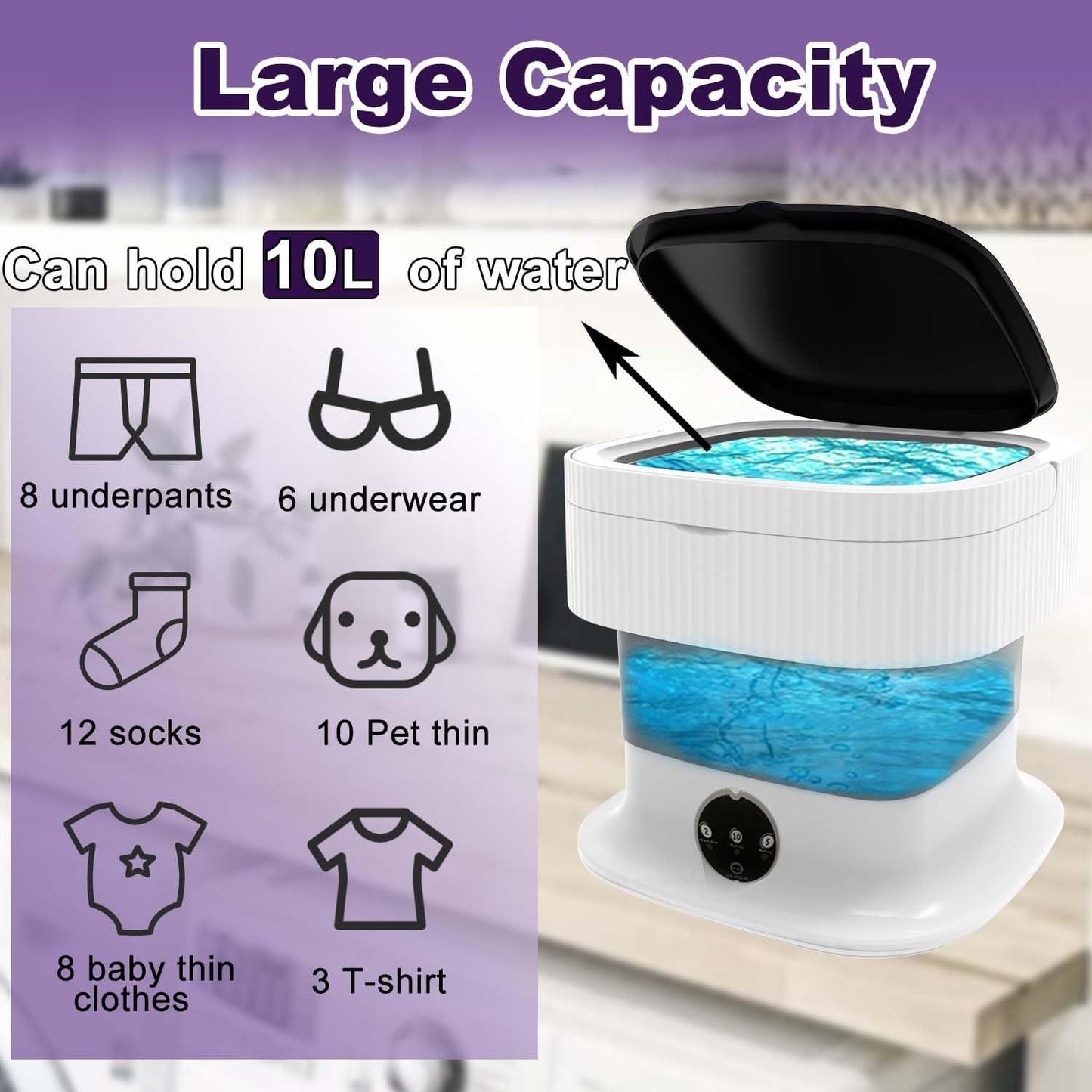 Portable 10L Washing Machine - Foldable Washer with 3 Cleaning Modes for Underwear, Baby Clothes & Small Items - Lightweight & Easy to Carry