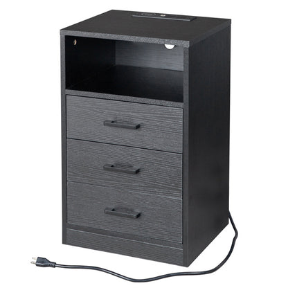 40x35x65cm Triple Drawer Bedside Table with LED Light and Socket - Black - Stylish Nightstand with USB and Wireless Charging