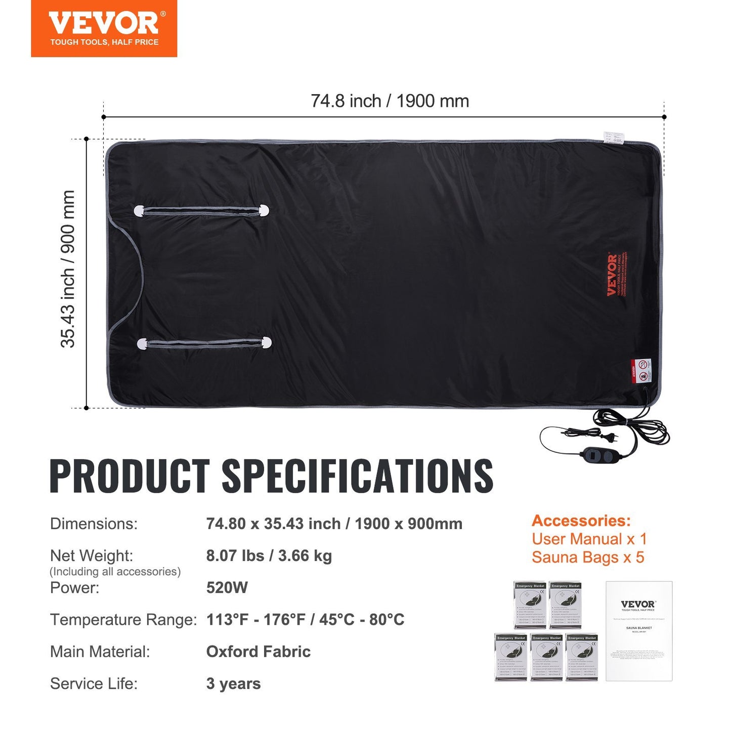 VEVOR Portable Far Infrared Sauna Blanket for Detoxification - Adjustable Temp 95-176F, Timer, Armholes, 75 x 35 Inches