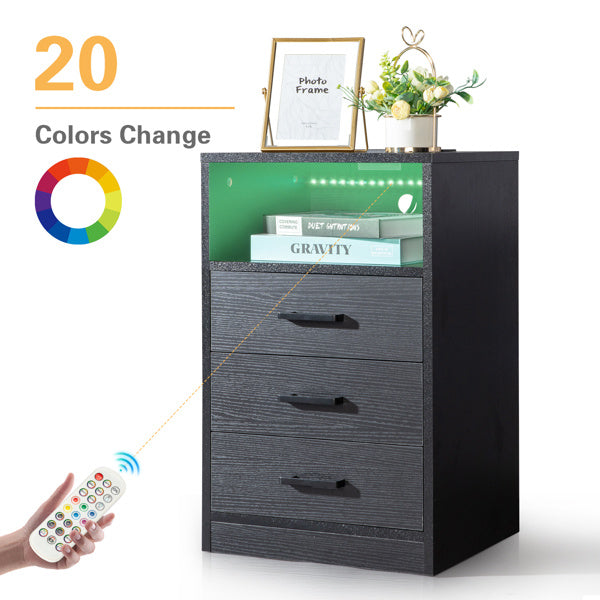 40x35x65cm Triple Drawer Bedside Table with LED Light and Socket - Black - Stylish Nightstand with USB and Wireless Charging