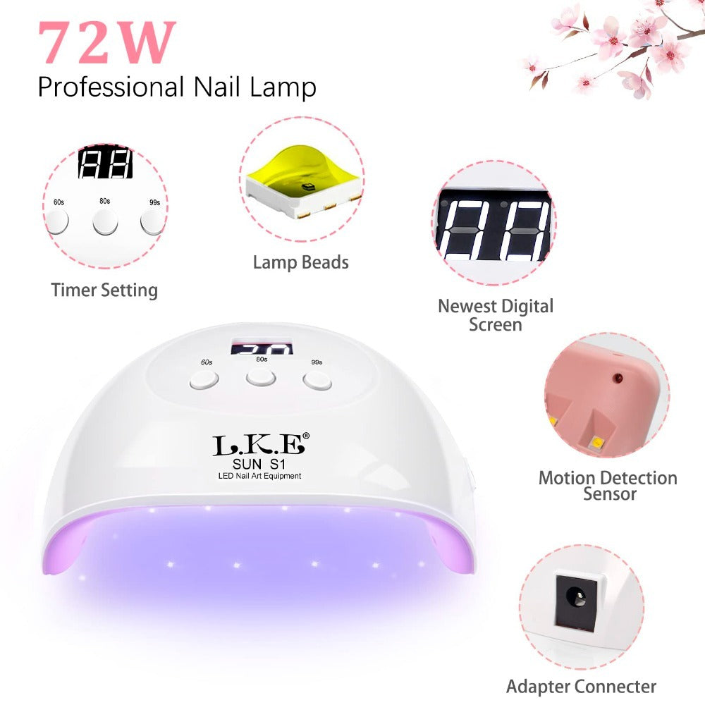 Nail Glue Set with 72W UV LED Nail Lamp - 6 Colors Gel Nail Polish Kit - Smart Sensor, 3 Timer Settings, Easy Application