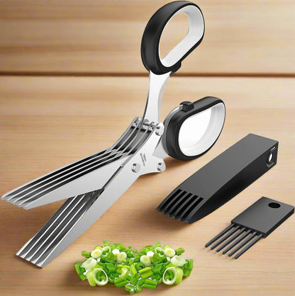 Herb Scissors with 5 Stainless Steel Blades - Multi-Purpose Kitchen Tool for Fast Cutting - Includes Safety Cover & Cleaning Comb