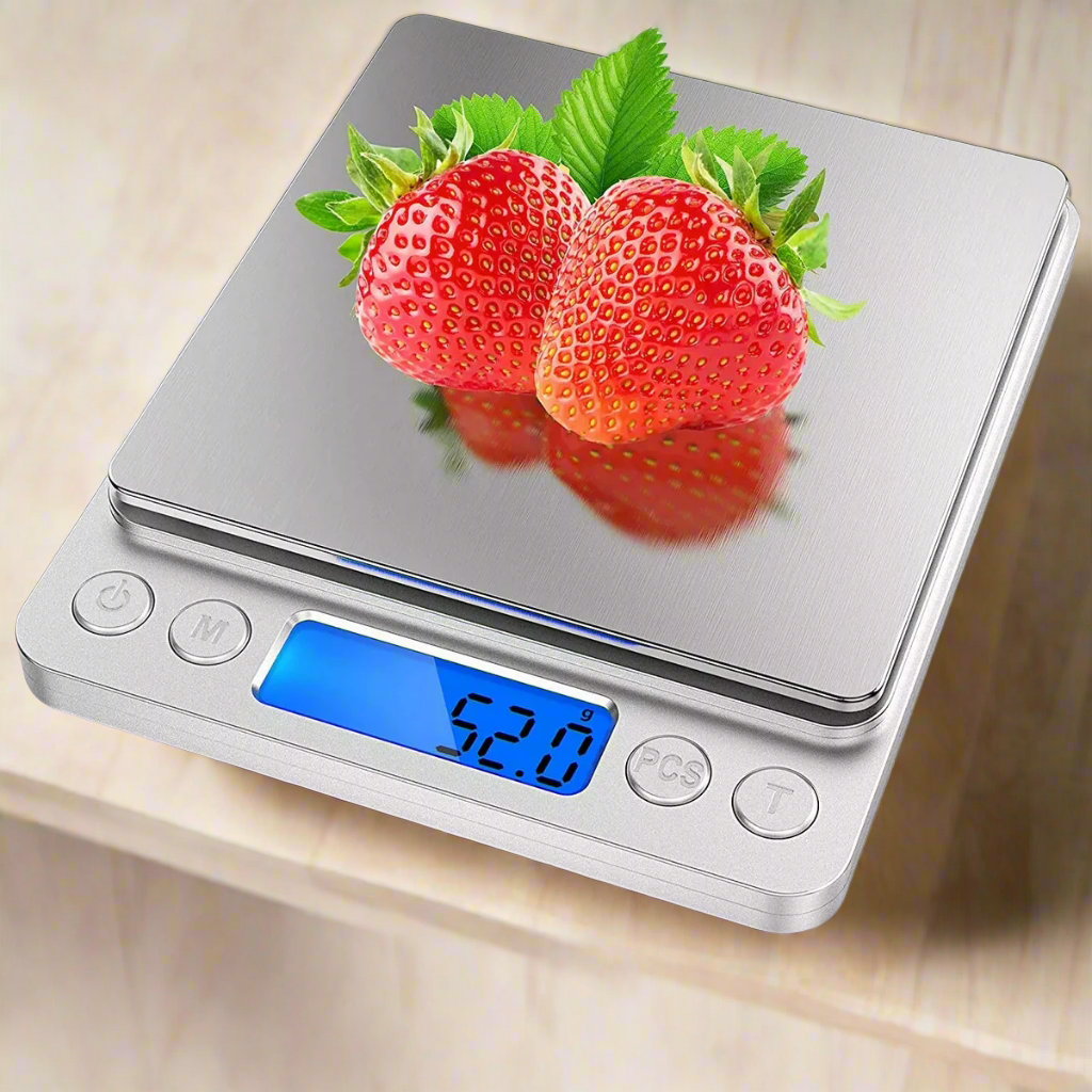 Small Digital Food Scale - 3000g Capacity, 0.1g Precision, Ounce & Gram Measurement, Includes 2 Trays & Batteries