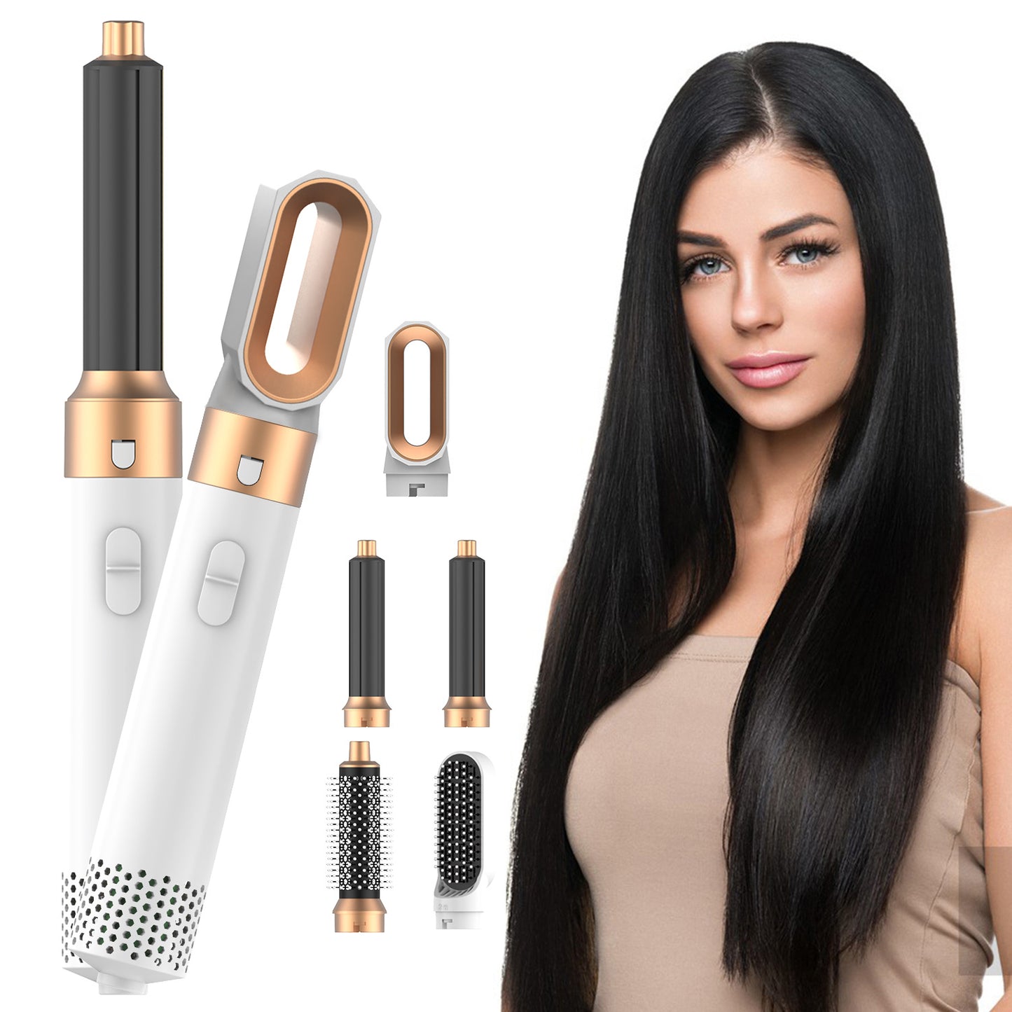 5 in 1 Blow Dryer Brush Set - White Gold - Hair Dryer, Curling Iron, Volumizer, Straightener - Interchangeable Brush Heads