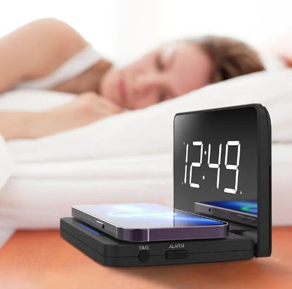 Hot Digital Alarm Clock - 1.4 Inch LED Mirror Display with Wireless Charging - Black - Electronic Clock with Dimming Control