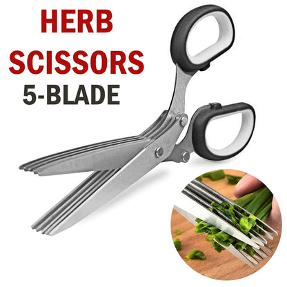 Herb Scissors with 5 Stainless Steel Blades - Multi-Purpose Kitchen Tool for Fast Cutting - Includes Safety Cover & Cleaning Comb