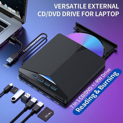 External CD DVD Drive USB 3.0 Writer Burner Reader for Windows 7/8/10/11 - Portable Optical Drive with 4 USB Ports & SD/TF Card Reader