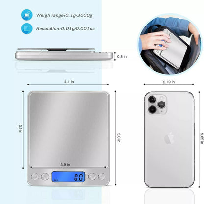 Small Digital Food Scale - 3000g Capacity, 0.1g Precision, Ounce & Gram Measurement, Includes 2 Trays & Batteries