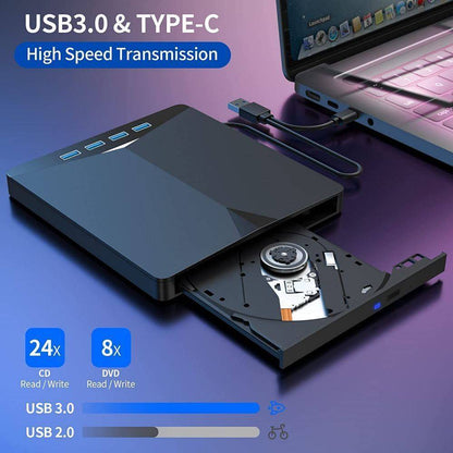 External CD DVD Drive USB 3.0 Writer Burner Reader for Windows 7/8/10/11 - Portable Optical Drive with 4 USB Ports & SD/TF Card Reader