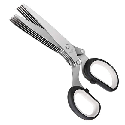 Herb Scissors with 5 Stainless Steel Blades - Multi-Purpose Kitchen Tool for Fast Cutting - Includes Safety Cover & Cleaning Comb