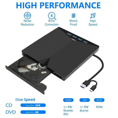 External CD DVD Drive USB 3.0 Writer Burner Reader for Windows 7/8/10/11 - Portable Optical Drive with 4 USB Ports & SD/TF Card Reader