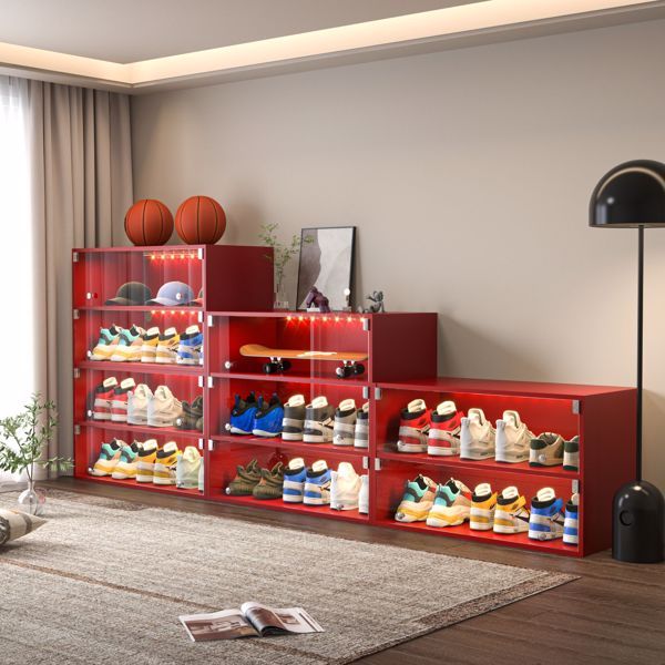 Red Glass Door Shoe Box Storage Cabinet for Sneakers with RGB LED Light - Holds 6 Pairs - Stackable Design