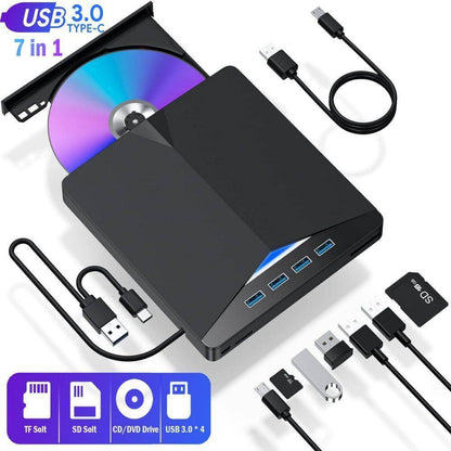 External CD DVD Drive USB 3.0 Writer Burner Reader for Windows 7/8/10/11 - Portable Optical Drive with 4 USB Ports & SD/TF Card Reader