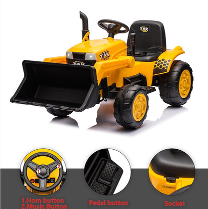 12V Kids Ride-On Tractor Electric Excavator - Yellow - Battery Powered Motorized Car with Remote Control, Front Loader & Headlight - Ages 3-6