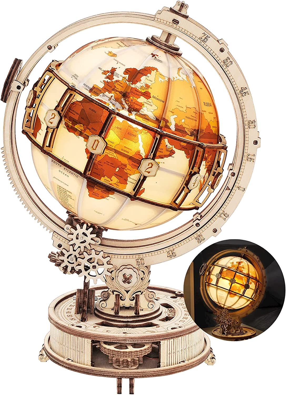 Rokr Luminous Globe 3D Wooden Model Building Block Kit - 180PCS - Electronic Toy - USB Powered - Unique Home Decoration - Assembly Size 167x203x293mm