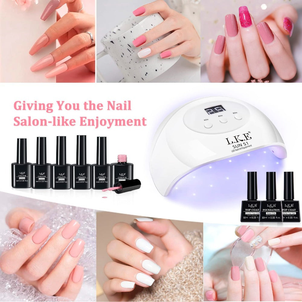 Nail Glue Set with 72W UV LED Nail Lamp - 6 Colors Gel Nail Polish Kit - Smart Sensor, 3 Timer Settings, Easy Application