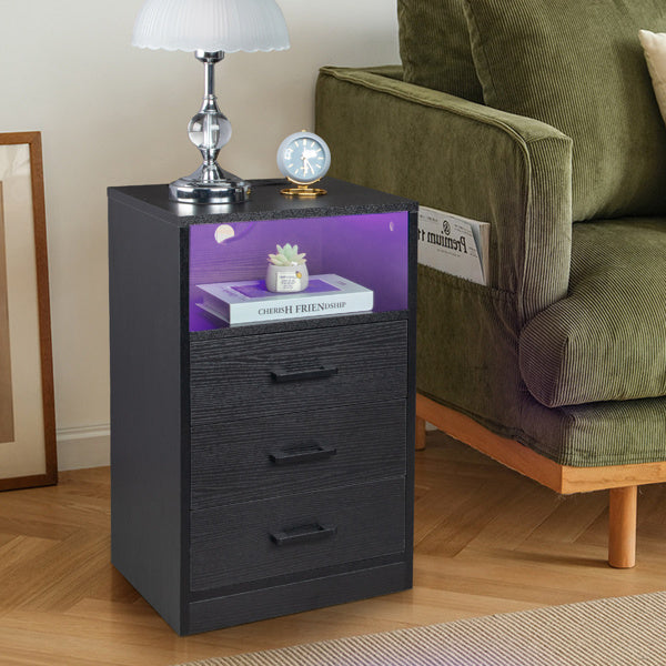 40x35x65cm Triple Drawer Bedside Table with LED Light and Socket - Black - Stylish Nightstand with USB and Wireless Charging