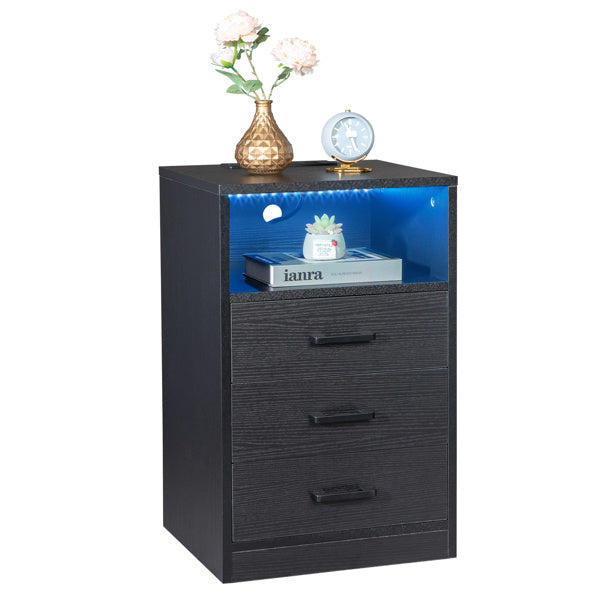 40x35x65cm Triple Drawer Bedside Table with LED Light and Socket - Black - Stylish Nightstand with USB and Wireless Charging