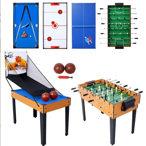 5-in-1 Multi-Game Table - Billiards, Push Hockey, Foosball, Ping Pong, Basketball - Black/Blue - Durable MDF & Steel Construction