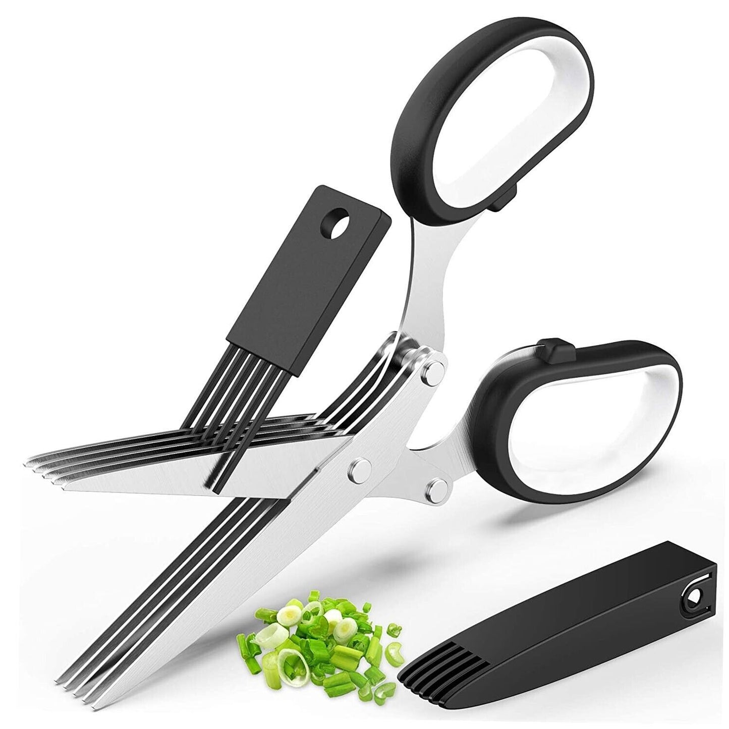 Herb Scissors with 5 Stainless Steel Blades - Multi-Purpose Kitchen Tool for Fast Cutting - Includes Safety Cover & Cleaning Comb