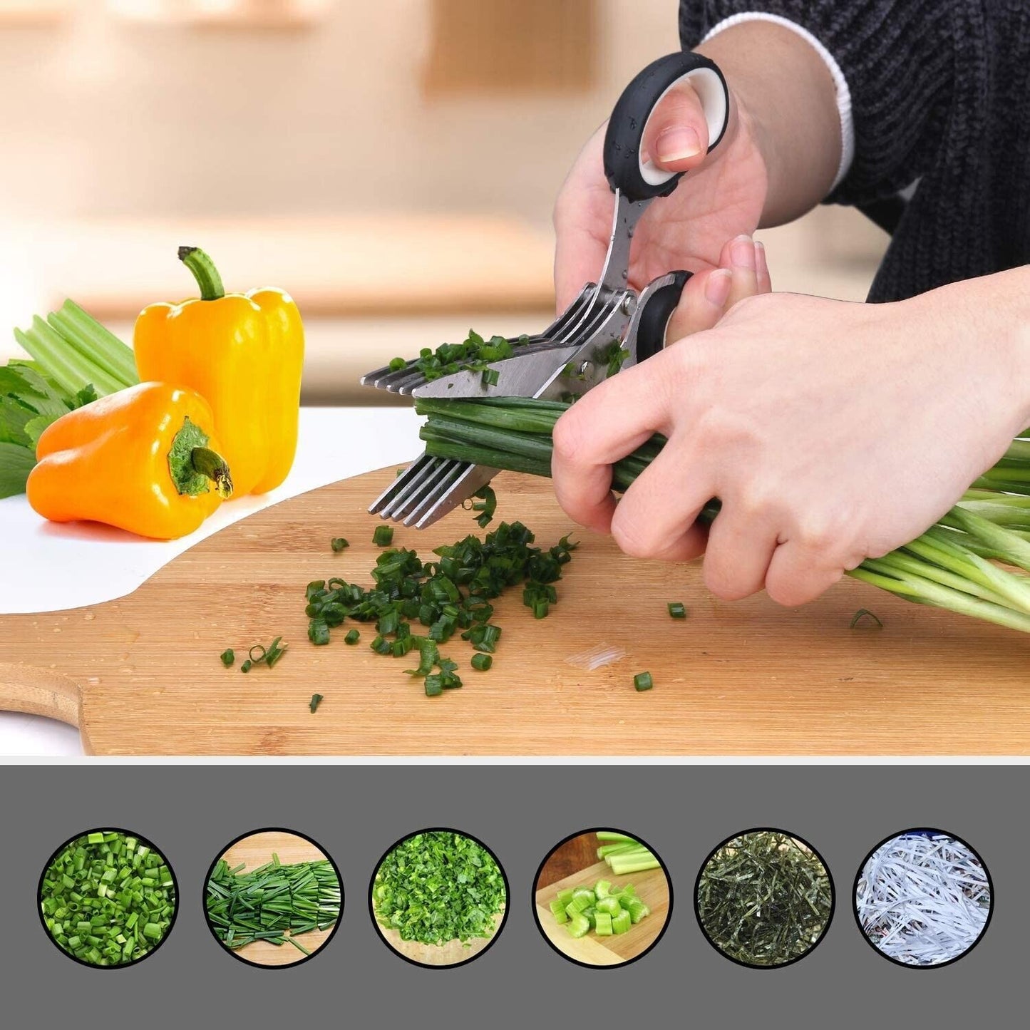 Herb Scissors with 5 Stainless Steel Blades - Multi-Purpose Kitchen Tool for Fast Cutting - Includes Safety Cover & Cleaning Comb