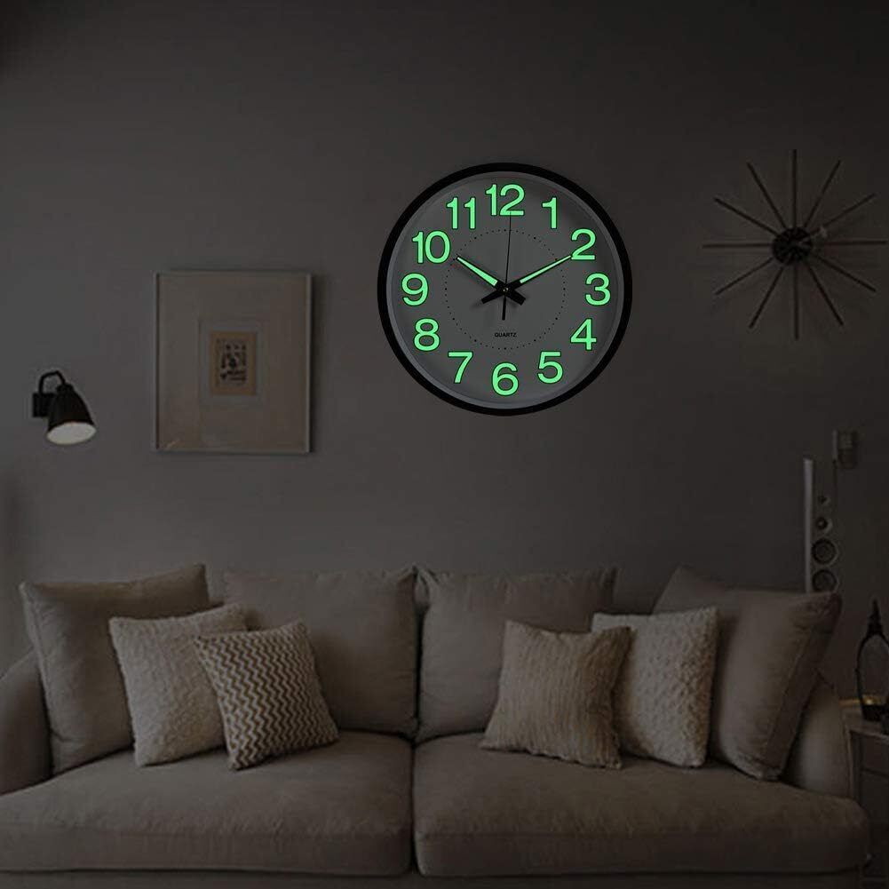 12-Inch Black Wall Clock - Large Quartz Silent Luminous Glow in the Dark - Elegant Design for Home & Office