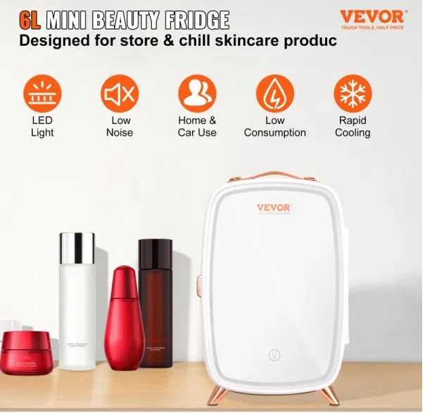 VEVOR Mini Fridge for Bedroom - 6L Capacity, Intelligent Temp Adjustment, LED Makeup Mirror, Quiet Operation, Portable Design