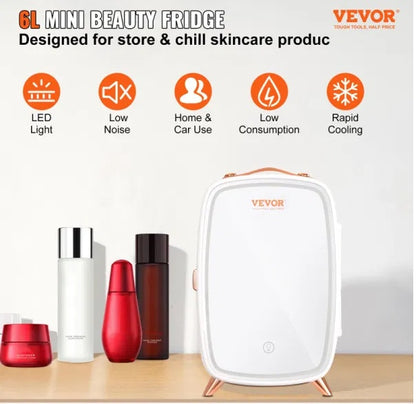 VEVOR Mini Fridge for Bedroom - 6L Capacity, Intelligent Temp Adjustment, LED Makeup Mirror, Quiet Operation, Portable Design