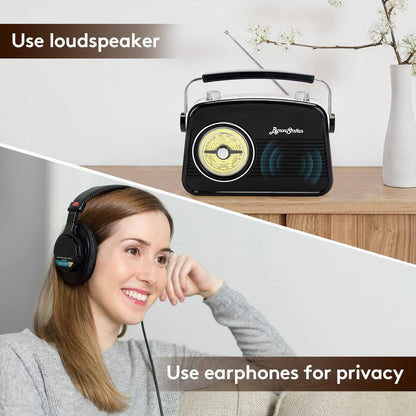 Black AM FM Portable Radio - Vintage Retro Design with Headphone Jack, Large Tuning Dial, Bluetooth Speaker & MP3 Player