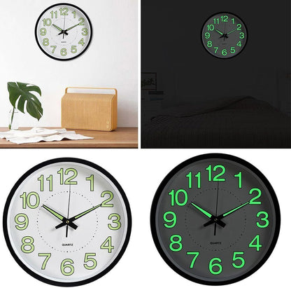 12-Inch Black Wall Clock - Large Quartz Silent Luminous Glow in the Dark - Elegant Design for Home & Office