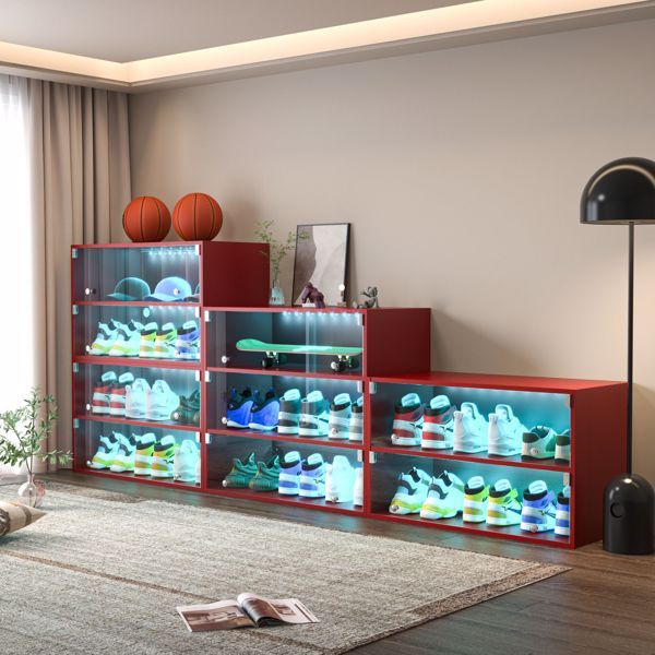 Red Glass Door Shoe Box Storage Cabinet for Sneakers with RGB LED Light - Holds 6 Pairs - Stackable Design