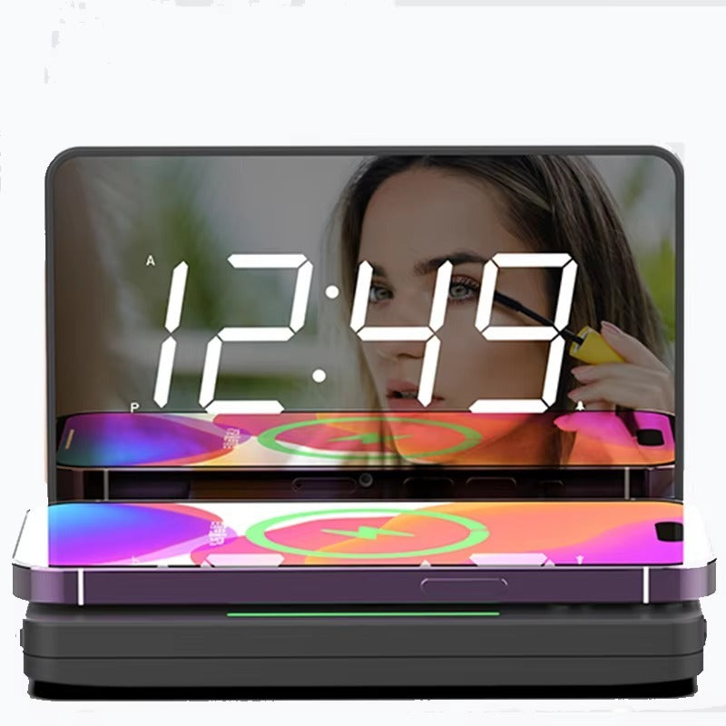 Hot Digital Alarm Clock - 1.4 Inch LED Mirror Display with Wireless Charging - Black - Electronic Clock with Dimming Control