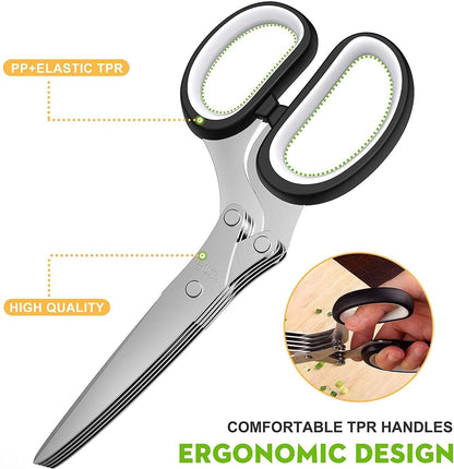 Herb Scissors with 5 Stainless Steel Blades - Multi-Purpose Kitchen Tool for Fast Cutting - Includes Safety Cover & Cleaning Comb