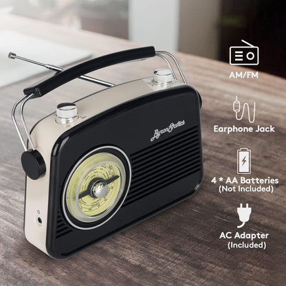 Black AM FM Portable Radio - Vintage Retro Design with Headphone Jack, Large Tuning Dial, Bluetooth Speaker & MP3 Player