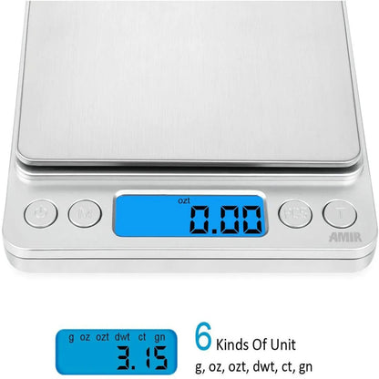 Small Digital Food Scale - 3000g Capacity, 0.1g Precision, Ounce & Gram Measurement, Includes 2 Trays & Batteries