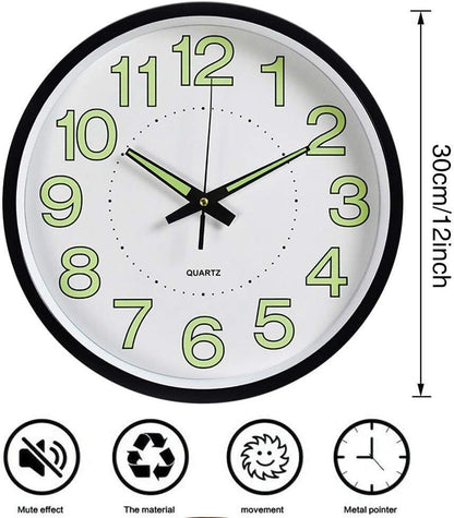 12-Inch Black Wall Clock - Large Quartz Silent Luminous Glow in the Dark - Elegant Design for Home & Office