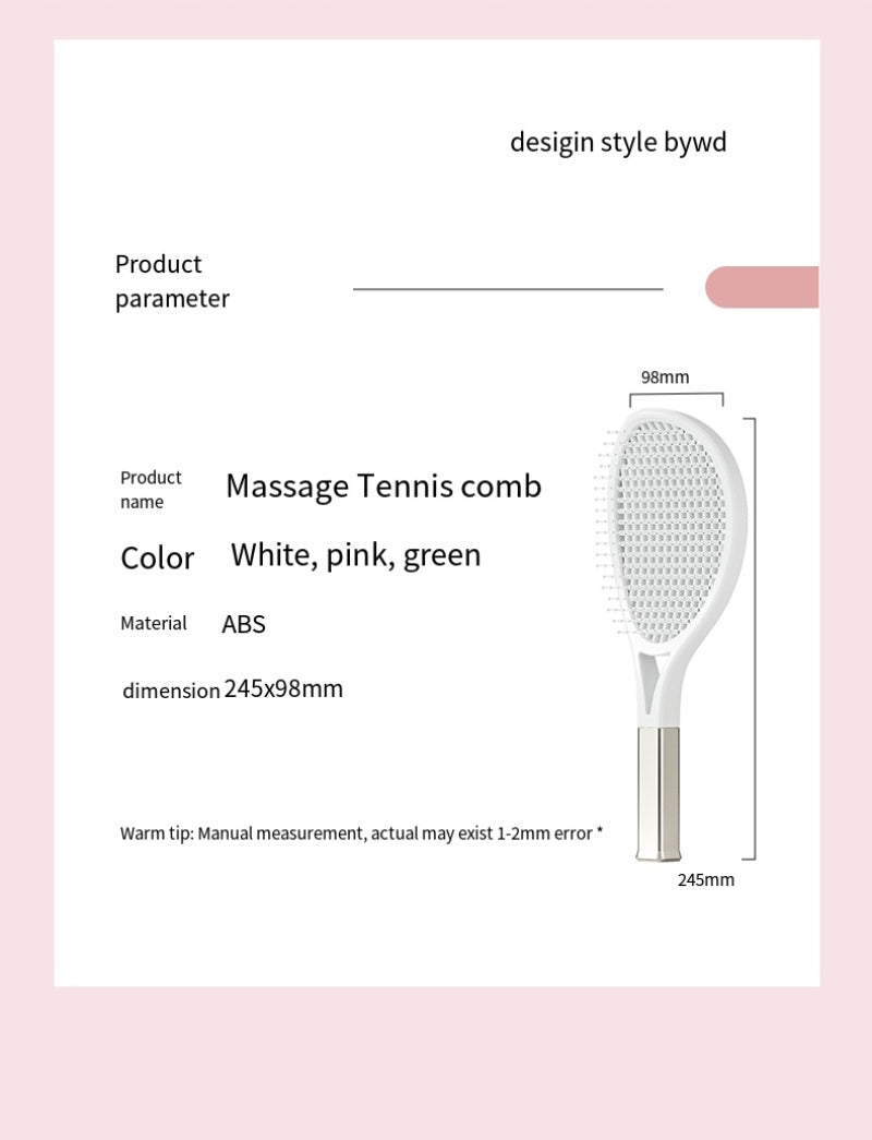 Tennis Racket Massaging Hair Comb - Electronic Detangling Brush for Curly & Straight Hair - Vented for Faster Drying