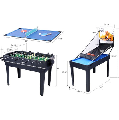 5-in-1 Multi-Game Table - Billiards, Push Hockey, Foosball, Ping Pong, Basketball - Black/Blue - Durable MDF & Steel Construction