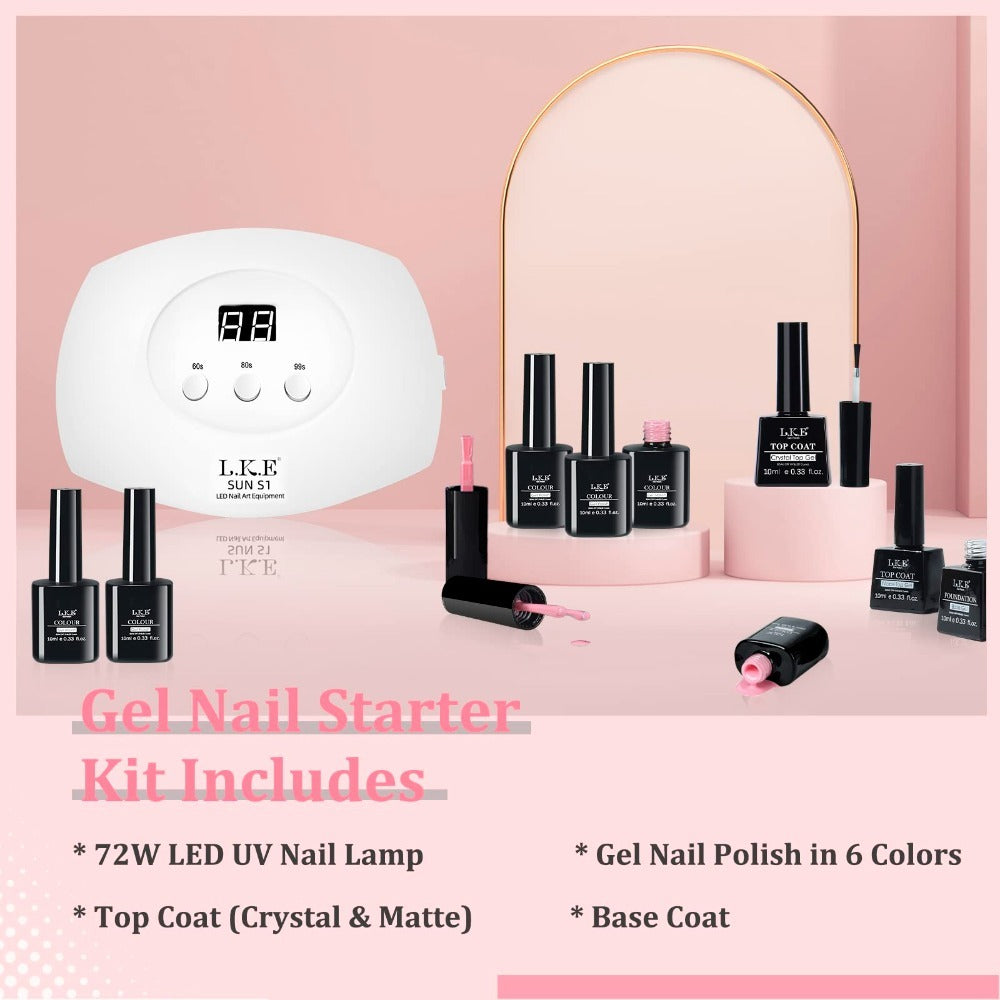 Nail Glue Set with 72W UV LED Nail Lamp - 6 Colors Gel Nail Polish Kit - Smart Sensor, 3 Timer Settings, Easy Application