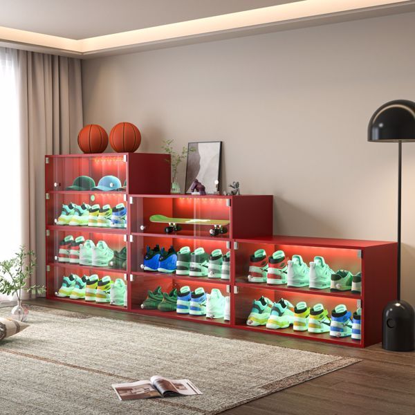 Red Glass Door Shoe Box Storage Cabinet for Sneakers with RGB LED Light - Holds 6 Pairs - Stackable Design