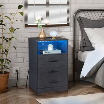 40x35x65cm Triple Drawer Bedside Table with LED Light and Socket - Black - Stylish Nightstand with USB and Wireless Charging